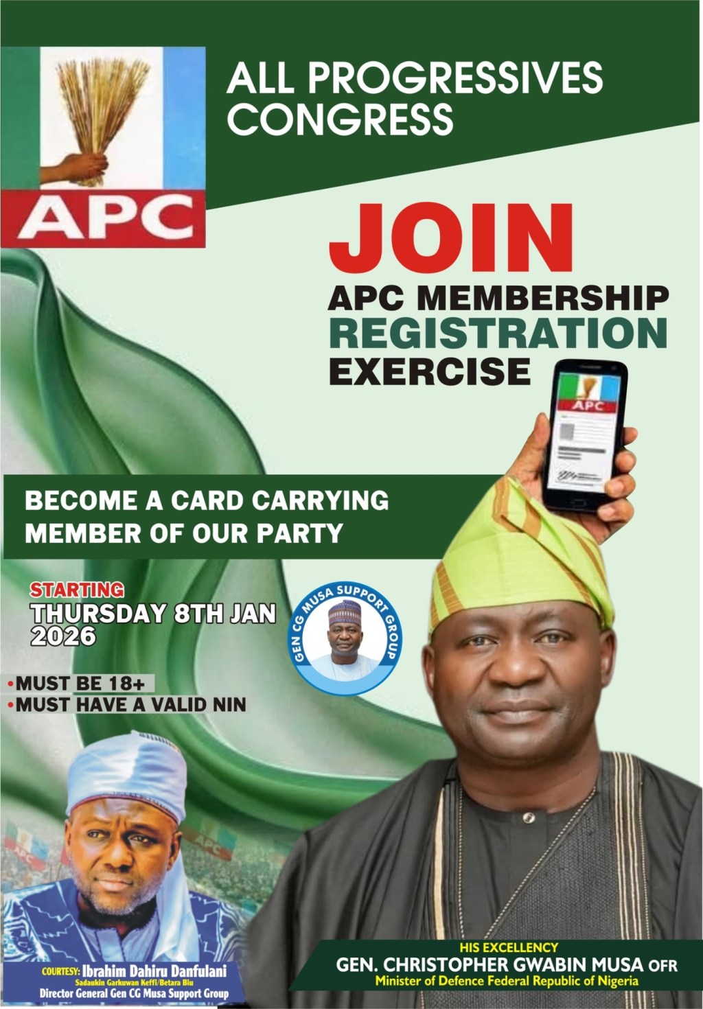GEN CG MUSA SUPPORT GROUP URGES NIGERIANS TO REGISTER MASSIVELY WITH APC AS REGISTRATION KICKS OFF NATIONWIDE ON JANUARY 8, 2026